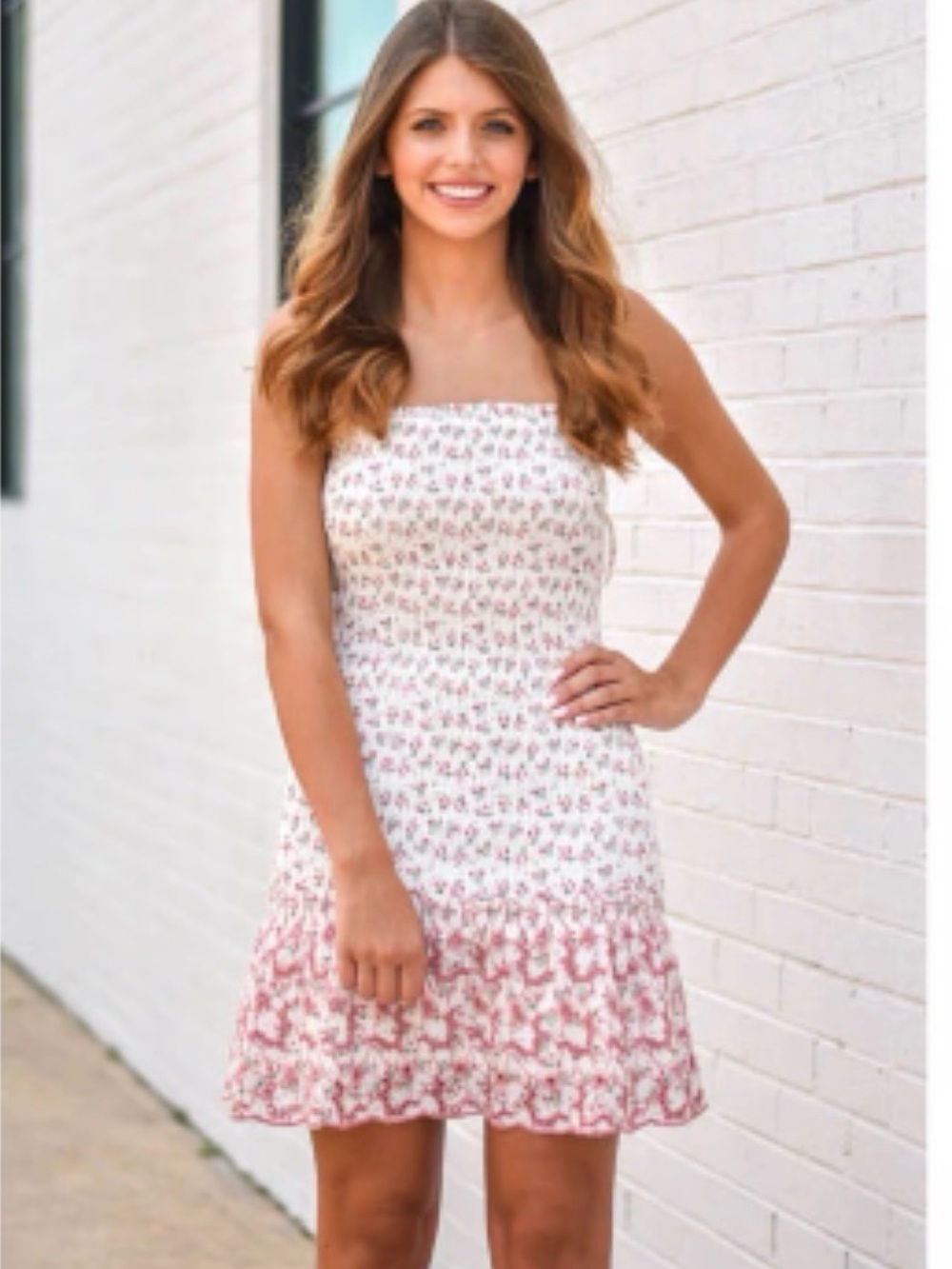 The Impeccable Pig Strapless Floral Sundress in White and Pink